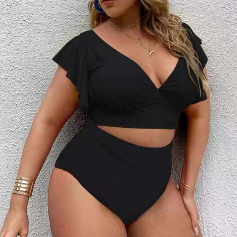 Venta al por mayor Plus Size Fat Girl Ruffle V Neck Split Bikini traje de baño poliéster